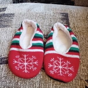 $4 Add-on Red Striped Slippers with Snowflake Design - Fits Size 10